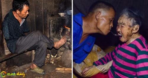 Farmer without Arms Uses His Own Mouth to Hold a Spoon to feed his 91-year-old Mom