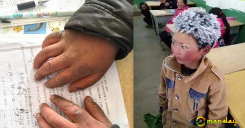 Despite extreme weather conditions, the young boy braves the cold to get to school in time for his final exam.