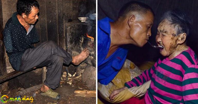Farmer without Arms Uses His Own Mouth to Hold a Spoon to feed his 91-year-old Mom