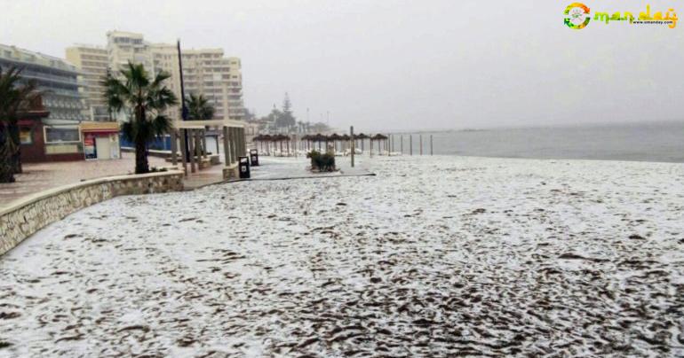HOLIDAYMAKERS jetting to the Costa del Sol for some winter sun got a shock today - after finding some of its golden beaches covered in white.