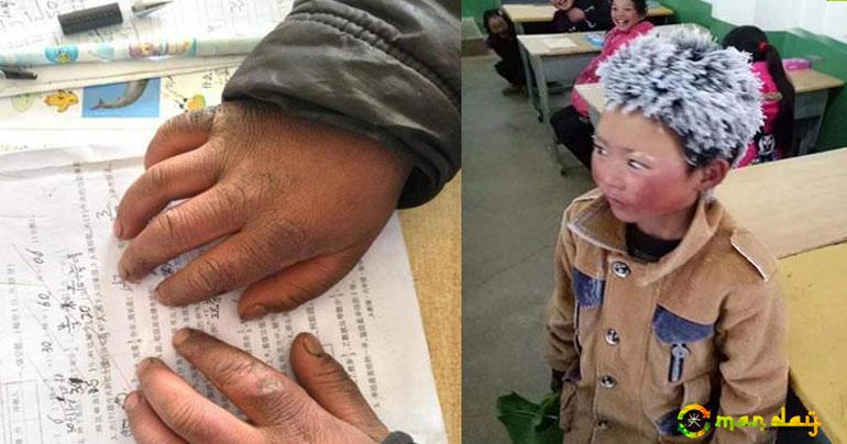 Despite extreme weather conditions, the young boy braves the cold to get to school in time for his final exam.